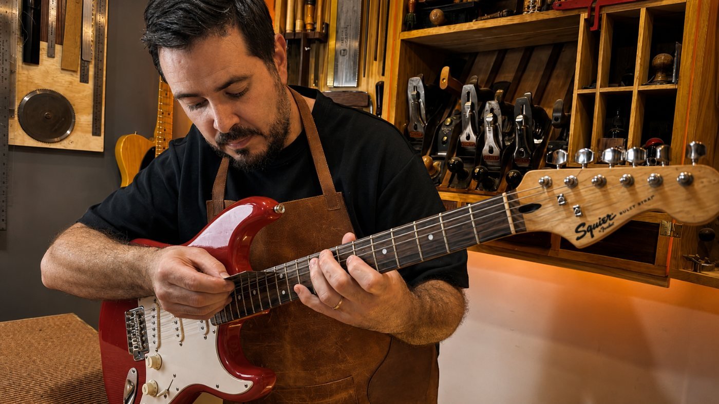 Ricardo probando una guitarra en el taller